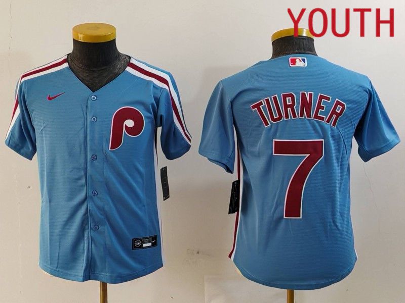 Youth Philadelphia Phillies #7 Turner Blue Throwback 2024 Nike MLB Jersey style 1